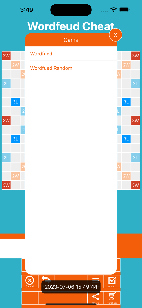 WordFeud Cheat & Helper - Wordfeud Cheat app game selection menu showing options for Wordfeud and Wordfeud Random game modes over a word game board