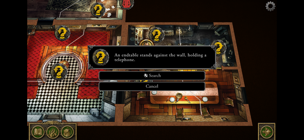 Top down view of a virtual mansion map in the Mansions of Madness app showing a search prompt for an endtable.