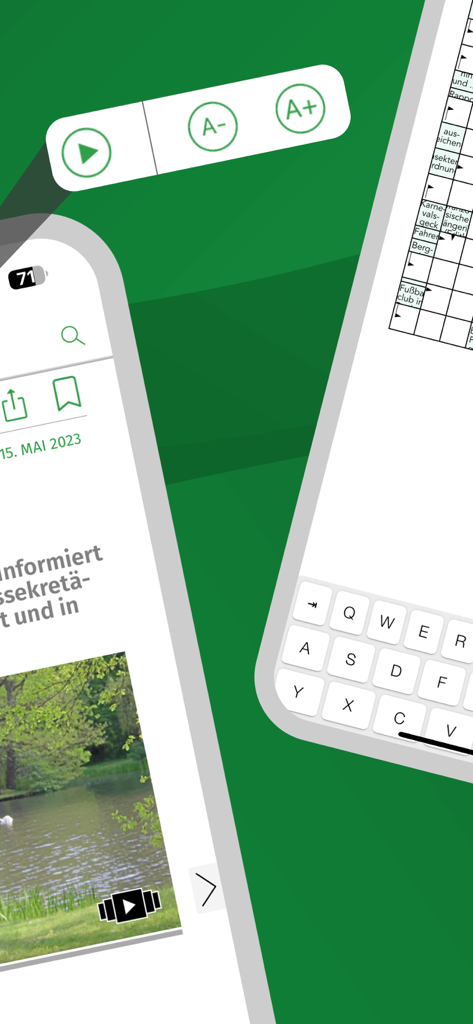 Interface of the Thuringer Allgemeine E-Paper app showing font size adjustment tools and an interactive crossword puzzle with a keyboard