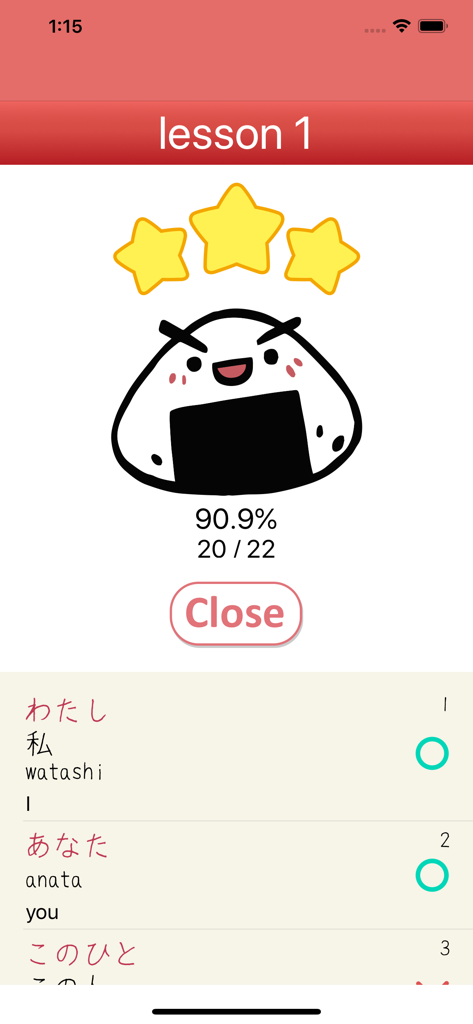 Onigiri Tango - Onigiri Tango app screenshot showing lesson results with an onigiri mascot and Japanese vocabulary list
