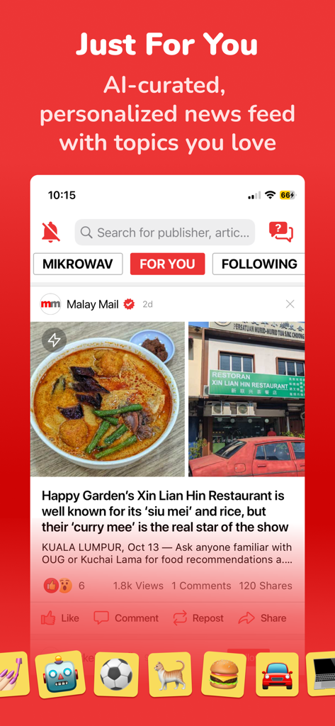 Newswav mobile app interface showing an AI curated news feed with a Malay Mail article about Malaysian food