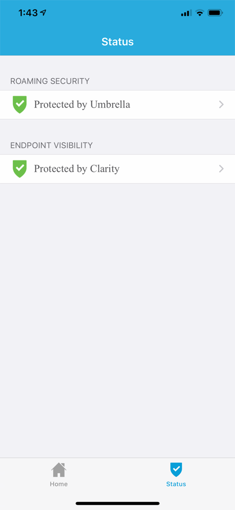 Status screen of Cisco Security Connector showing active protection by Cisco Umbrella and Clarity.