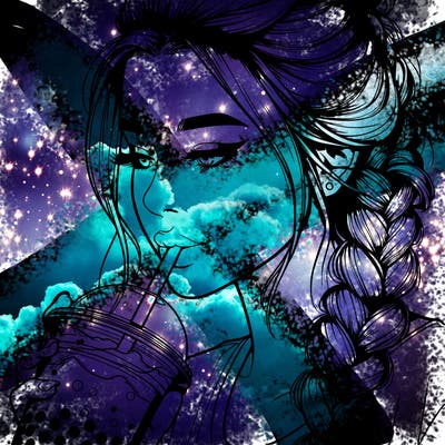 realistic girl drinking boba tea with braided hair