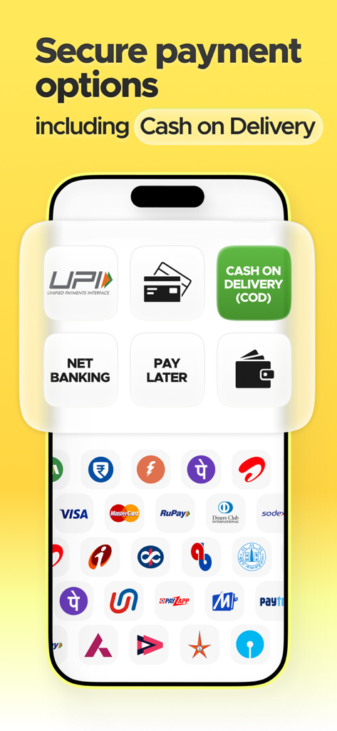 Blinkit: Groceries & more - Interfaccia dell'app Blinkit che mostra molteplici metodi di pagamento sicuri tra cui UPI, contrassegno e net banking.