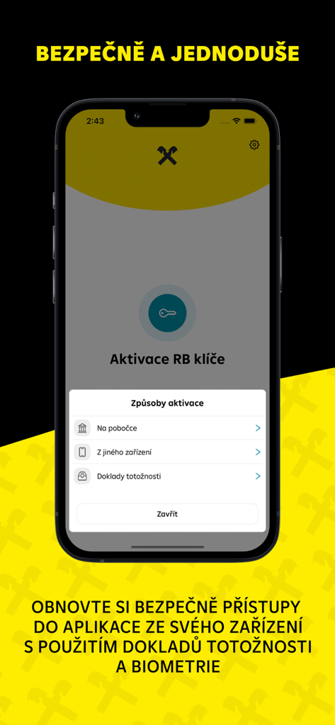 RB klic mobile app screen showing bank account activation methods including identity documents and biometrics