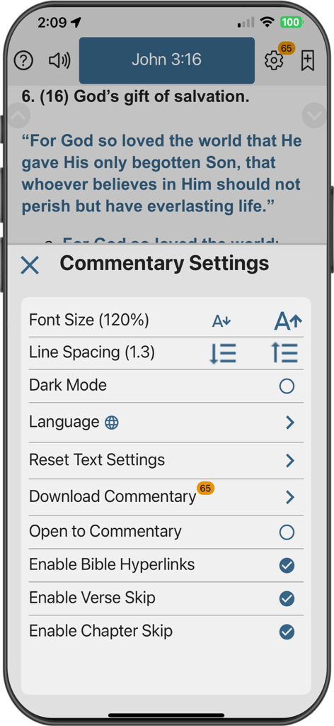 Enduring Word Commentary - Settings menu of the Enduring Word Commentary app showing options for font size line spacing and offline downloads