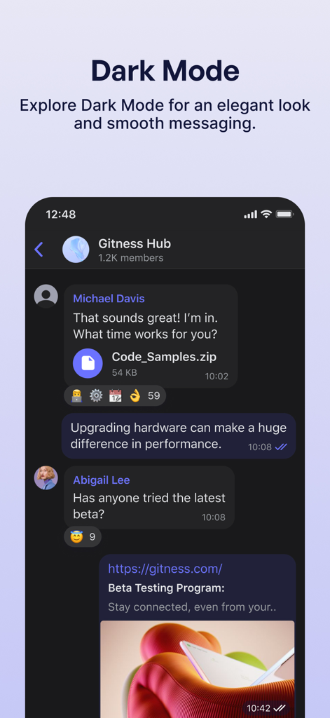 Sceyt Chat - Sceyt Chat iOS demo app showcasing a group messaging interface in dark mode with file sharing and link previews