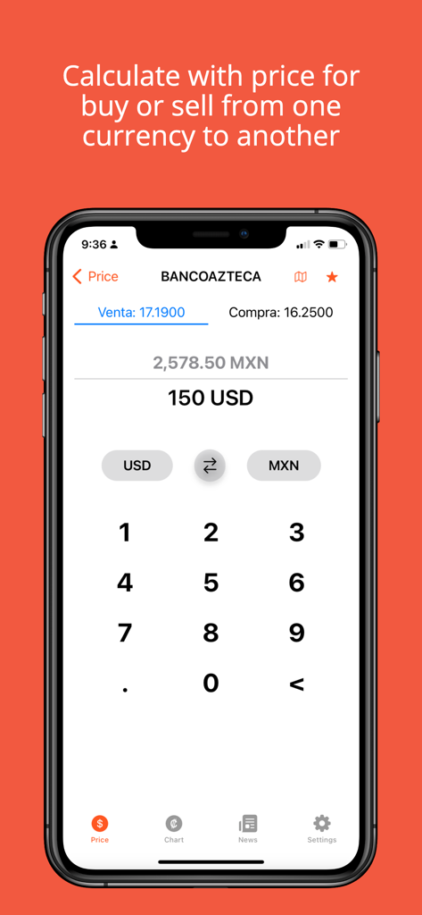 Dollar and Euro in Mexico - Currency converter screen showing a calculation from 150 US Dollars to Mexican Pesos using Banco Azteca rates