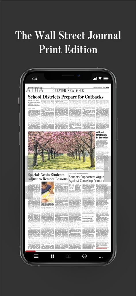 A smartphone screen displaying a digital replica of the Wall Street Journal Greater New York print section.
