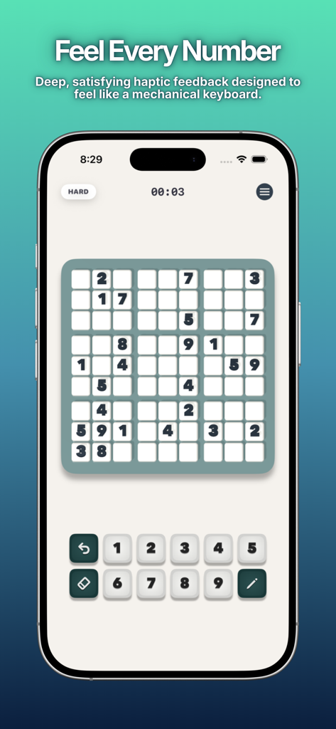 Sudoku Aura: No Ads Game - Minimalist Sudoku Aura puzzle interface on an iPhone screen featuring 3D volumetric numbers and haptic feedback descriptions