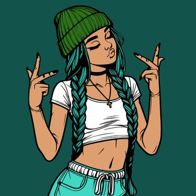 realistic teenage girl with braids and a beanie and crop top doing 🫶🏼