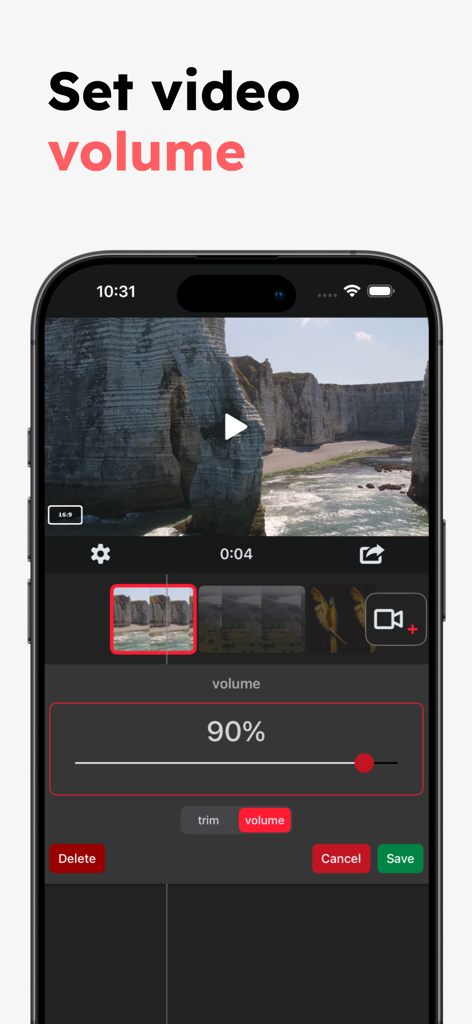A mobile interface for adjusting video volume featuring a slider set to ninety percent for a nature video clip