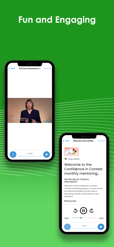 Spreeder - Speed Reading - Spreeder app interface showing video and audio speed reading lessons on two iPhones.