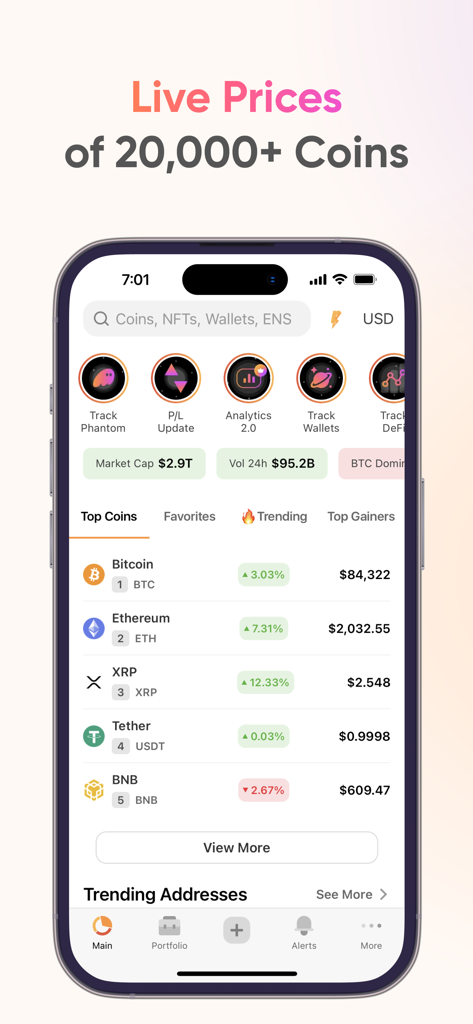 CoinStats: Crypto Portfolio - Interfaz de la aplicación CoinStats que muestra el seguimiento de precios en tiempo real para más de 20,000 criptomonedas, incluyendo Bitcoin y Ethereum