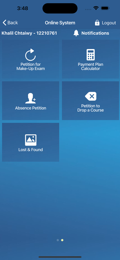 AUST - AUST Mobile App Online-Systembildschirm mit Antragsymbolen für Nachholprüfungen und Kursabmeldungen neben einem Zahlungsplanrechner