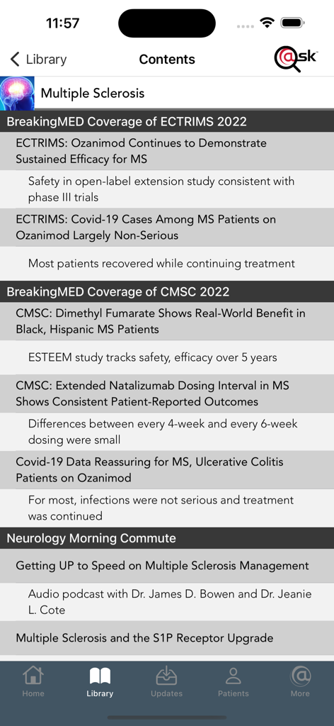 Neurology @Point of Care - Neurology app library screen displaying clinical news and research updates about Multiple Sclerosis