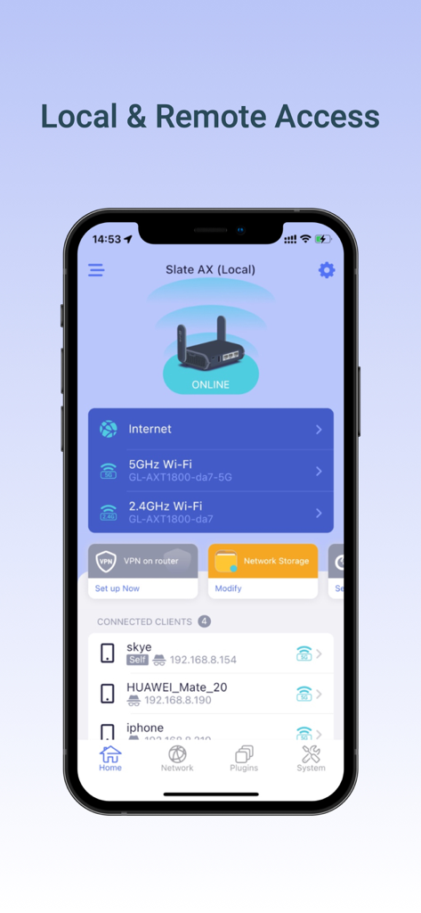 Screenshot of the GL.iNet app home screen showing router status and connected client devices