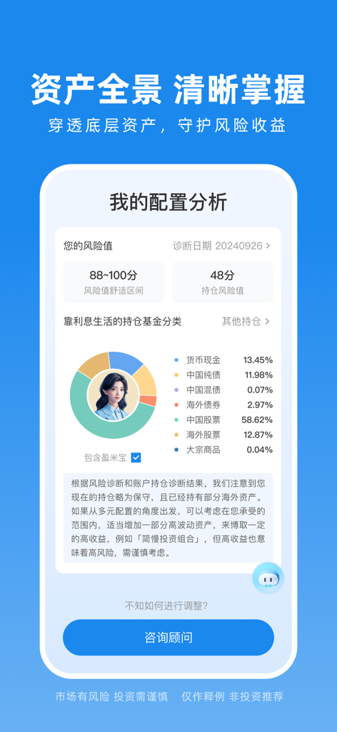 Screenshot of the Qiě Màn app showing a detailed investment portfolio analysis with an asset allocation donut chart and risk score.