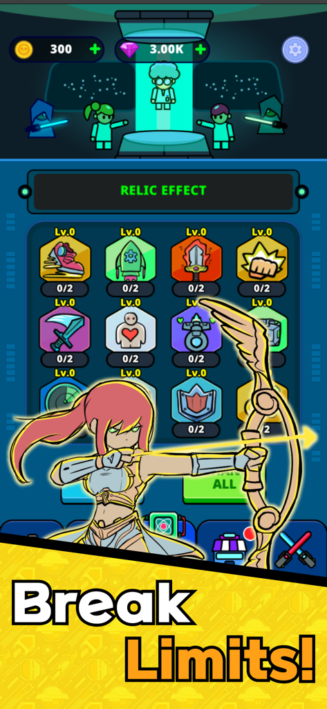 Space Napoleon: RTS - Space Napoleon RTS relic effect menu showing upgrade icons and a hand drawn female archer aiming a bow