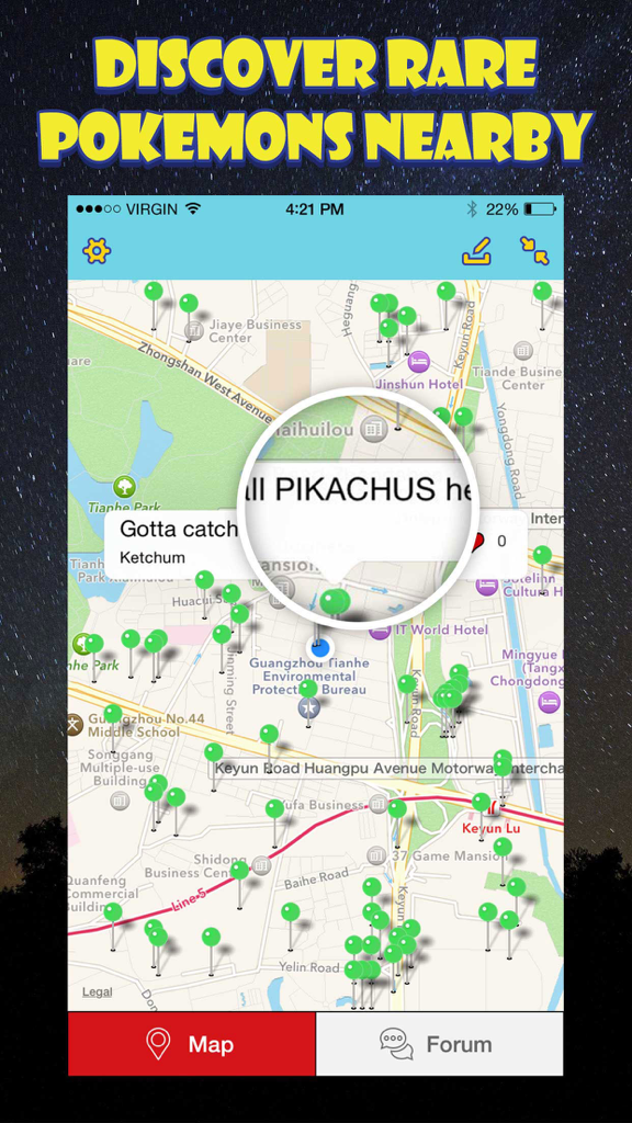Poke Map Finder for Pokemon Go - Nest Finder - Screenshot of the Poke Map Finder app showing a city map with numerous green pins marking Pokemon spawn locations and a Pikachu nest alert