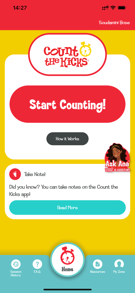 Home screen of the Count the Kicks medical app with a prominent Start Counting button for tracking fetal movement.