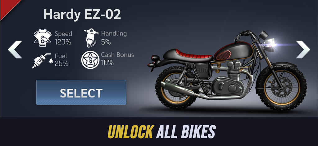 Real Moto Rider: Traffic Race - Um menu de seleção de motas em Real Moto Rider mostrando as estatísticas da mota Hardy EZ-02.