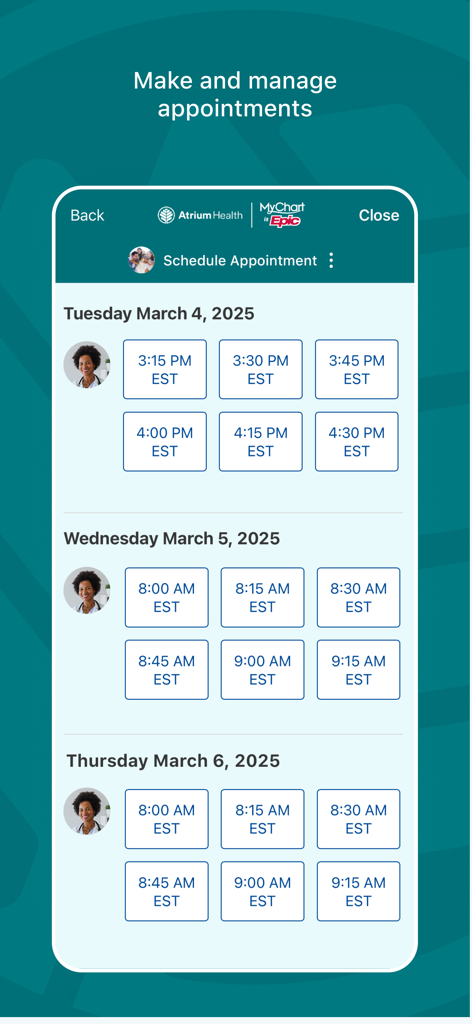 MyAtriumHealth - Mobile app screen for booking medical appointments with Atrium Health showing available dates and times.