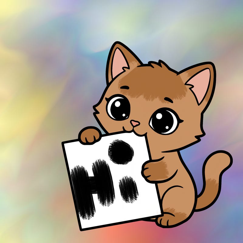 a small cat with a blank sheet of paper in its hand. the cat is sooooooo cute!
