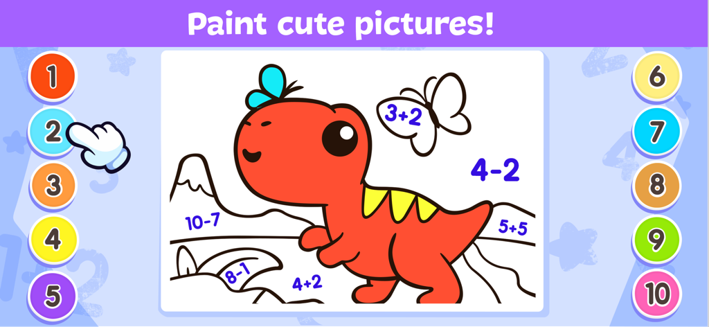 Coloring Games for Kids 2-5 - A digital coloring page of a cute dinosaur with math problems for children to solve and paint.