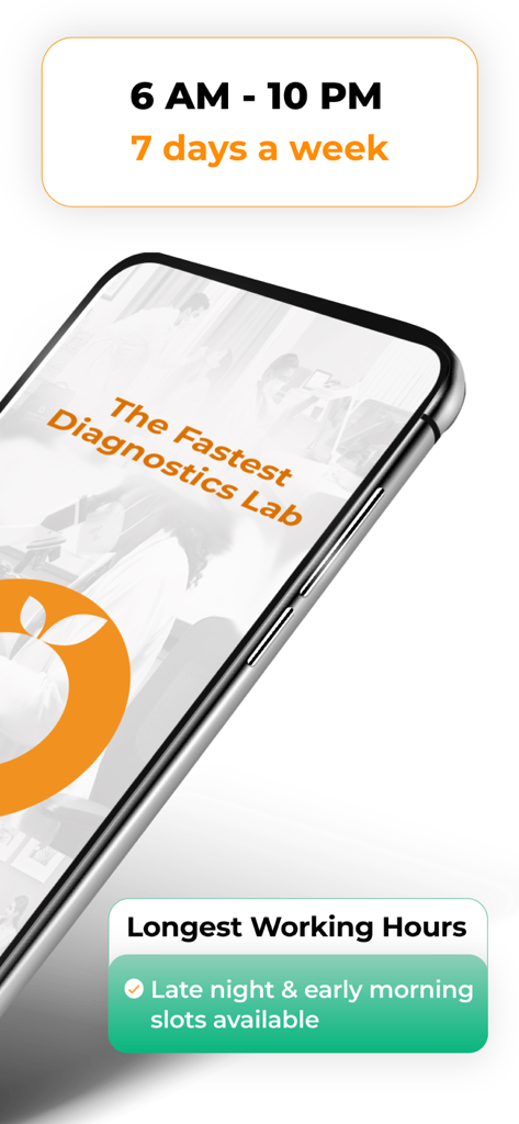 Orange Health Labs: Blood Test - Orange Health Labs app screen highlighting flexible 6 AM to 10 PM service for home blood collection.