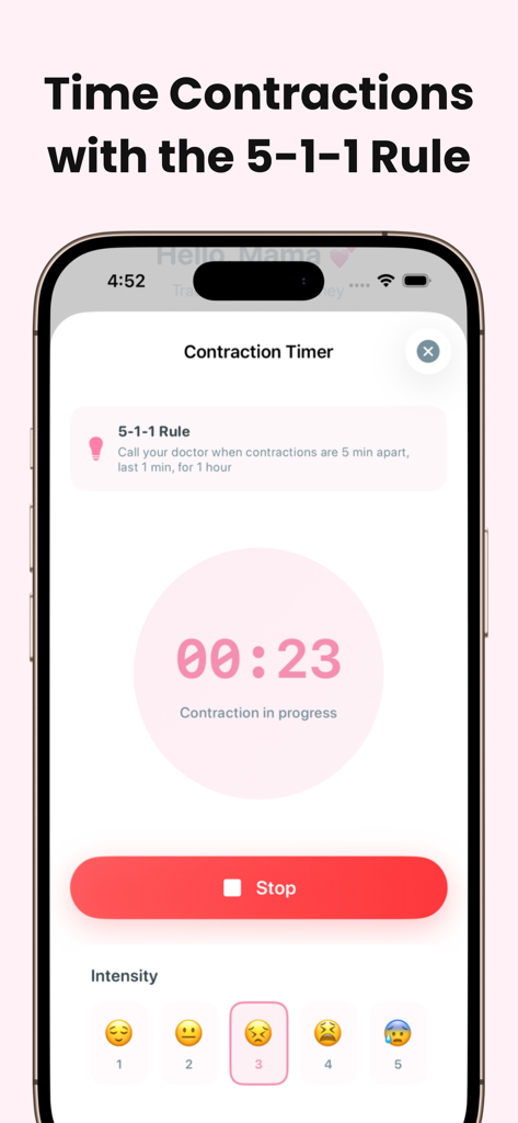 Pantalla del temporizador de contracciones de la aplicación BabyKicks que muestra la regla 5-1-1 y la selección del nivel de intensidad