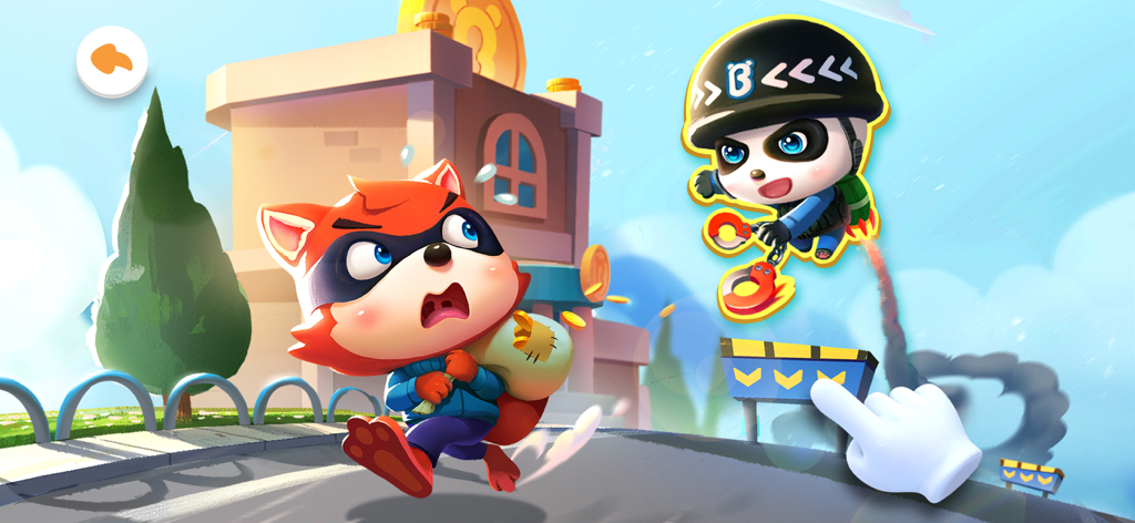 Officer Kiki the panda policeman chasing a fox thief with a bag of money