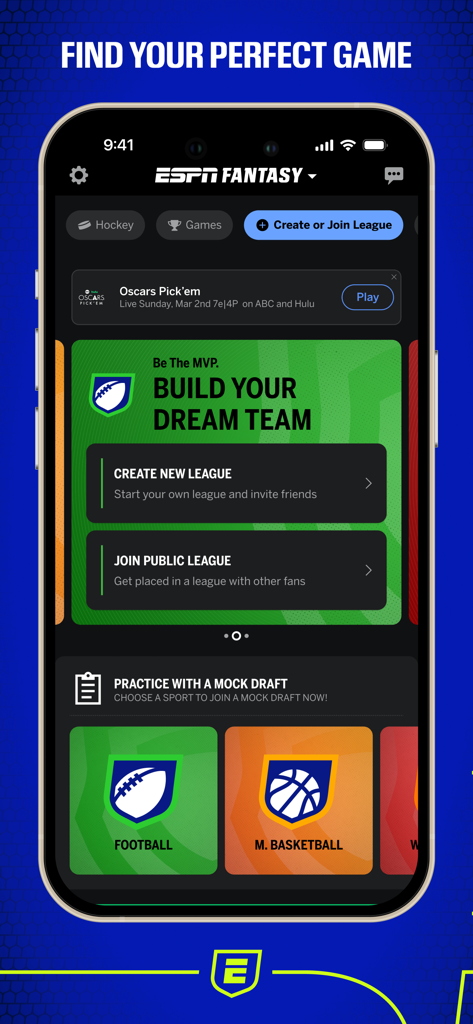 Mobile interface of the ESPN Fantasy Sports app featuring league creation and mock draft options for various sports