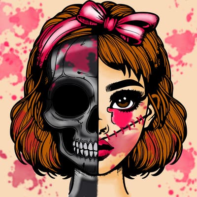 realistic girl with half skull mask
