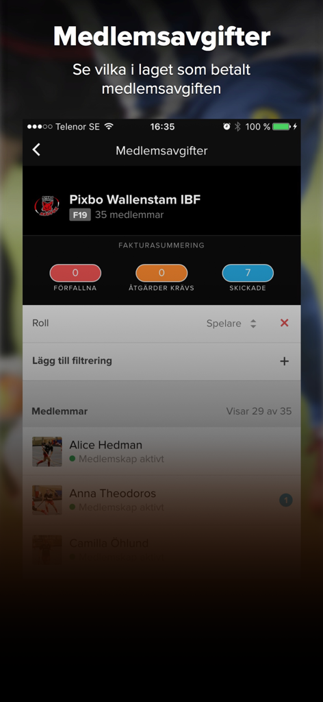 laget.se - Laget.se App-Oberfläche, die den Status von Mitgliedsbeiträgen und die Zahlungsverfolgung für ein Sportteam anzeigt