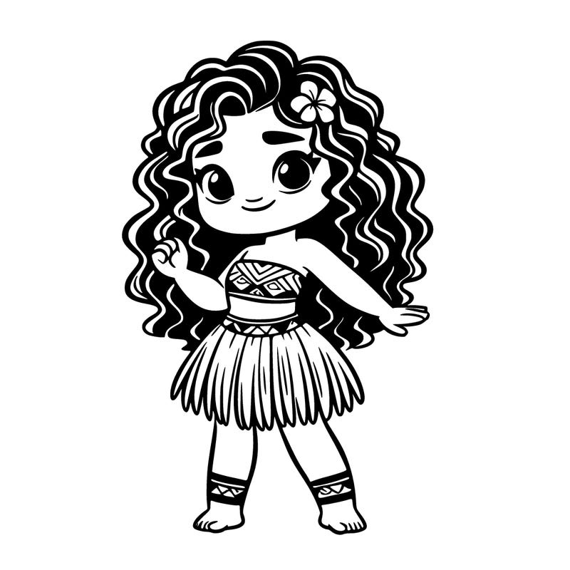 polynesian girl standing cutely wearing revealing clothes with short hula outfit and has long curly hair