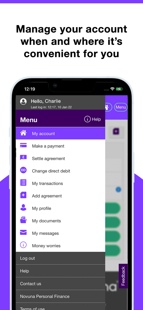 Novuna Personal Finance - Interfaz móvil de la aplicación Novuna Financiación Personal que muestra las opciones de menú de cuenta y pago