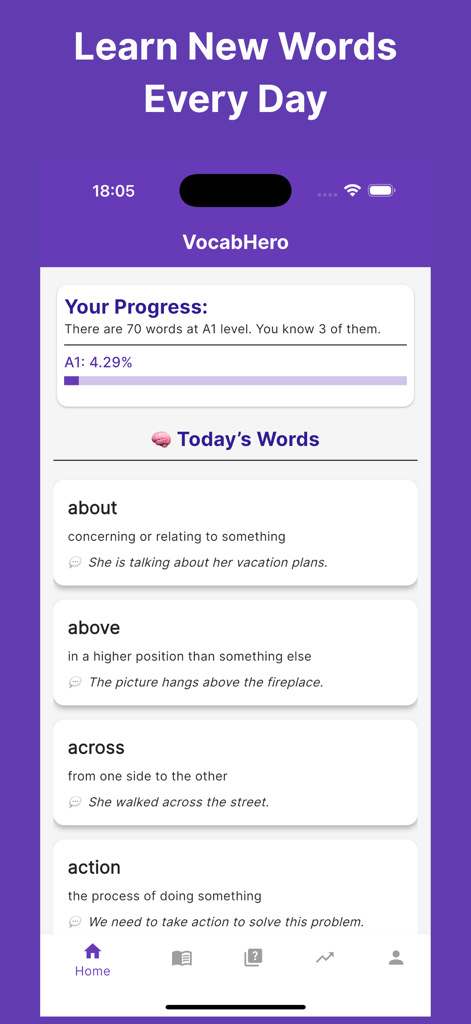 VocabHero: Learn English Fast - VocabHero app screenshot showing daily English vocabulary words and a learning progress tracker for A1 level