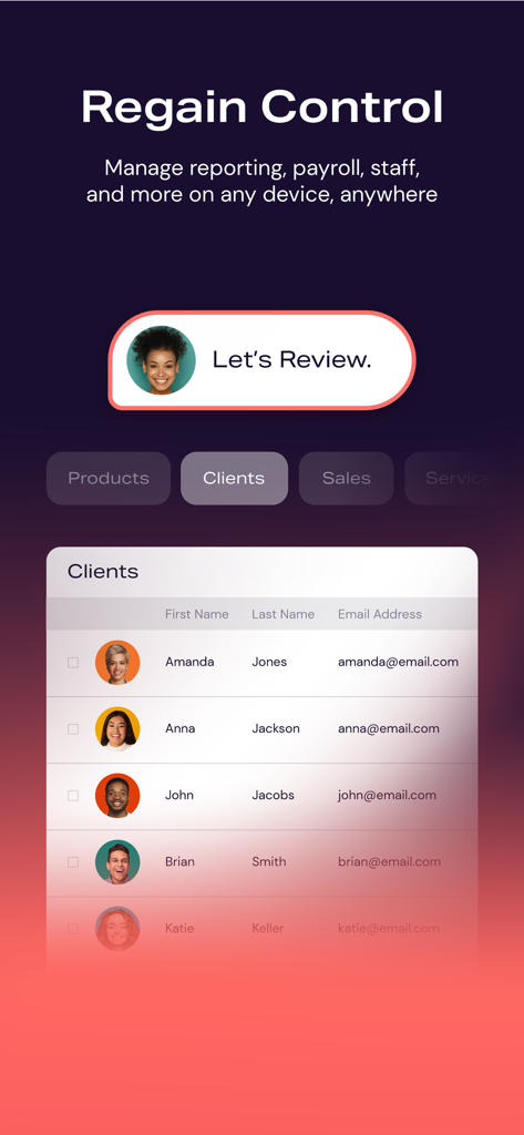 DaySmart Salon Software - Screenshot der DaySmart Salon App, die Datenbankverwaltung von Kunden und Geschäftsberichte zeigt