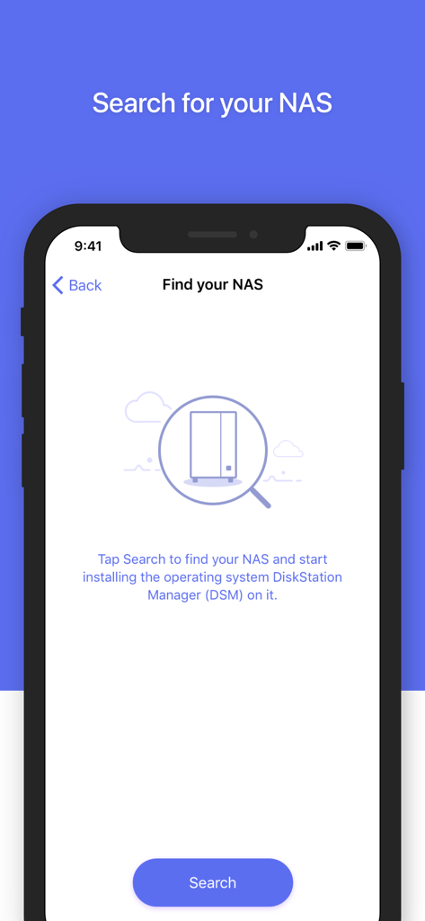 DS finder app interface showing the search screen to find and set up a Synology NAS.