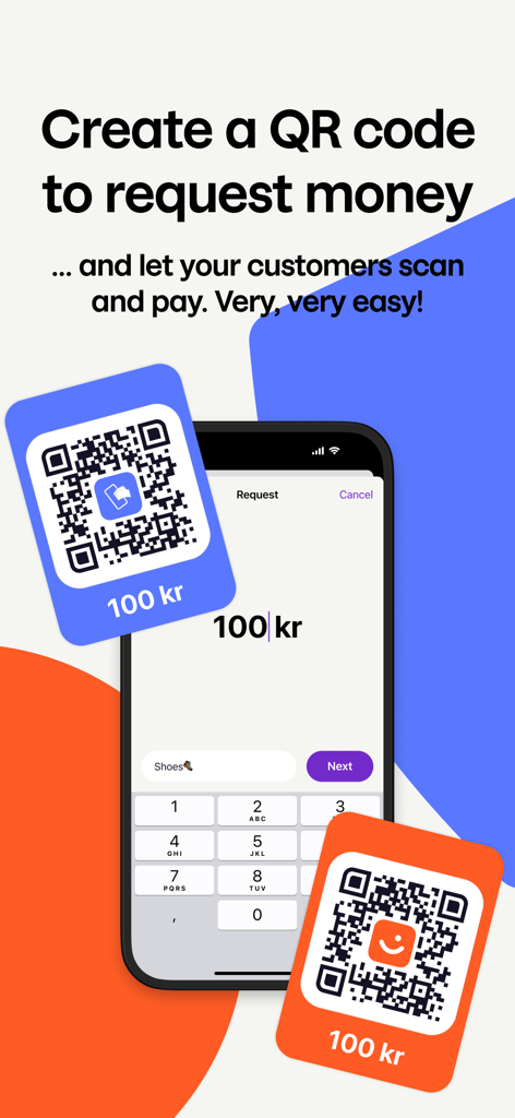 Get paid - by Vipps MobilePay - Interface of the Get paid app showing how to create a QR code to request a payment from customers