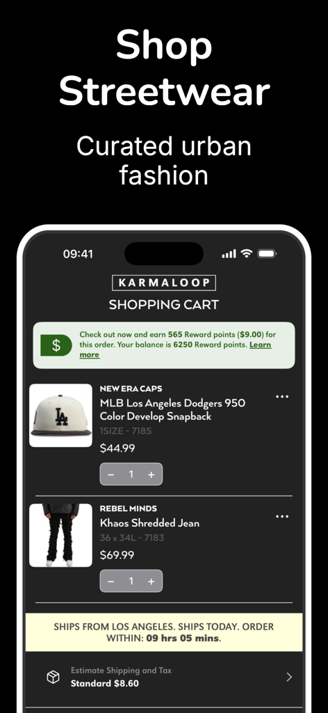 Karmaloop.com - Shopping cart screen of the Karmaloop app featuring streetwear items and rewards information