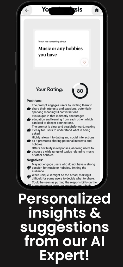 Hitch: Dating Profile Reviewer - AI analysis of a Hinge dating app prompt with personalized insights and score
