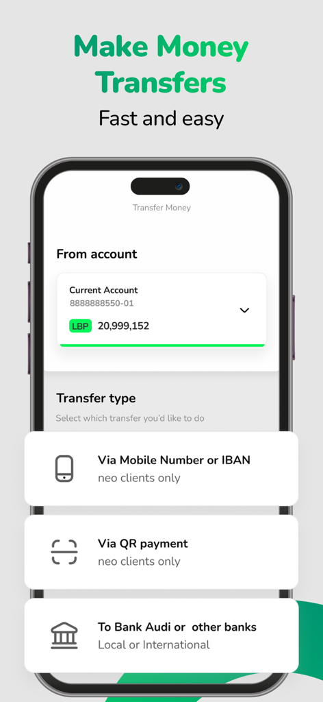 Interfaz de la aplicación neo by Bank Audi que muestra opciones de transferencia de dinero, incluyendo por número de móvil, pago por QR o transferencia bancaria internacional