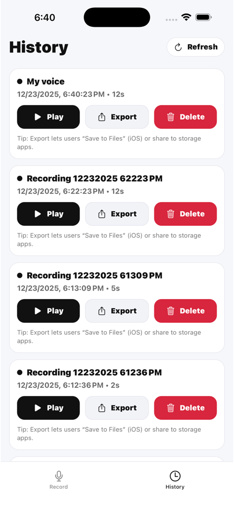 Voice Recorder Studio - Pantalla de historial de la aplicación Voice Recorder Studio mostrando una lista de grabaciones guardadas con opciones de reproducir, exportar y eliminar.