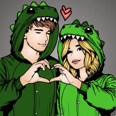 realistic couple wearing matching dinosaur onesies with heart hand gesture