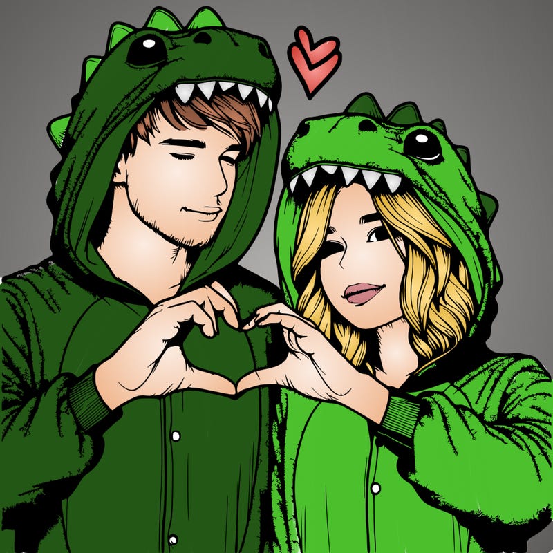 realistic couple wearing matching dinosaur onesies with heart hand gesture
