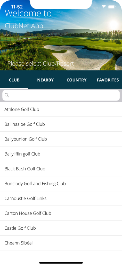The club selection screen of the Clubnet app displaying a searchable list of golf clubs and resorts