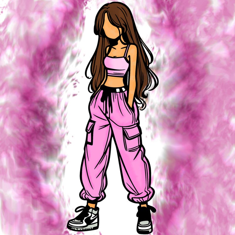 girl in baggy pants crop top and long hair