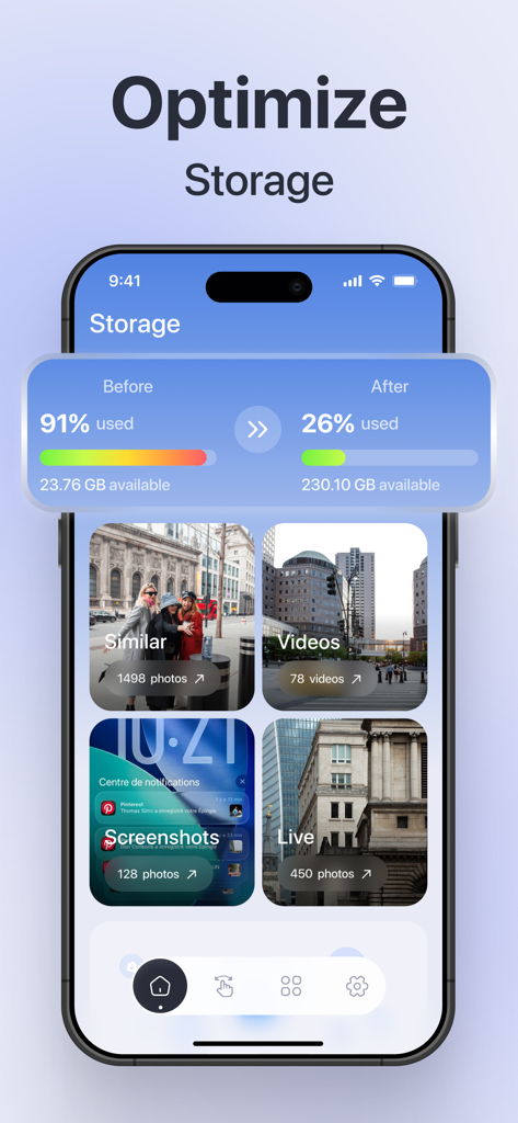 Panel de la aplicación Cleaner Plus que muestra el uso del almacenamiento antes y después de la limpieza y las categorías de medios